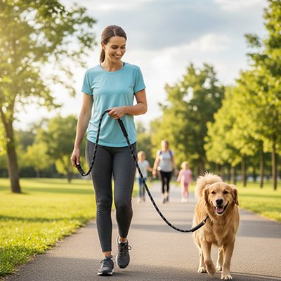 Longe pour chien noir marche avec son maitre sur un parc heureux