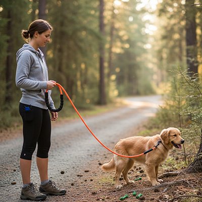 Longe pour chien orange dans la foret avec son maitre