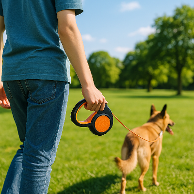 longe pour chien orange maitre promene