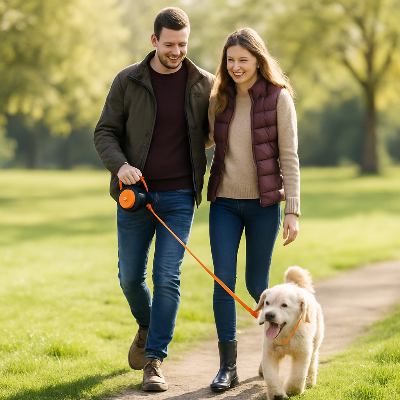 longe pour chien orange marche deux maitres