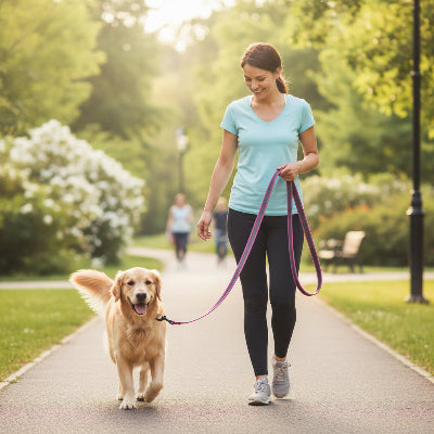 longe pour chien rose parc arbres maitre latex