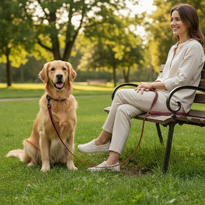 longe pour chien rouge parc maitre banc arbres