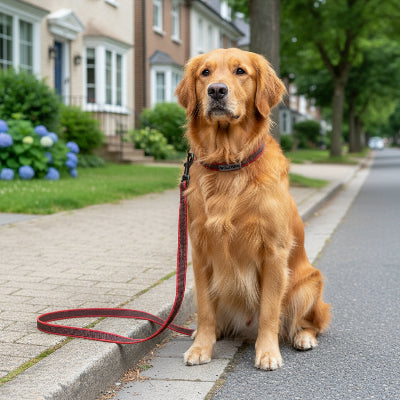 longe pour chien rouge rue maison arbres latex