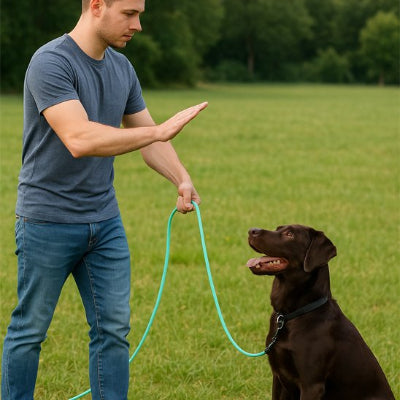 longe pour chien vert paysage assis mains maitre