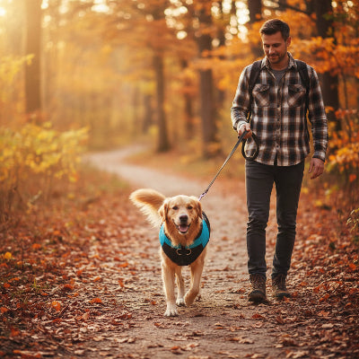 manteau chien bleu marche avec son maitre dans la foret