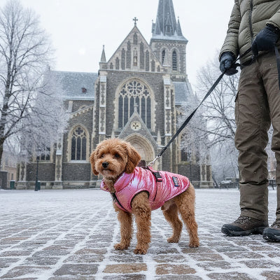 manteau chien confortable au froid devant eglise avec son maitre