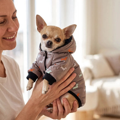 Manteau Chien dans la main de son maître qui lui sourit