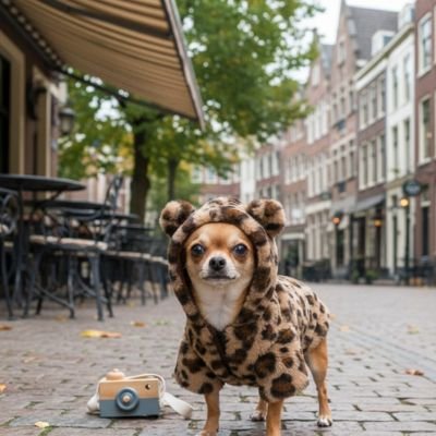 Manteau Chien marron sur une rue a cote restaurant 