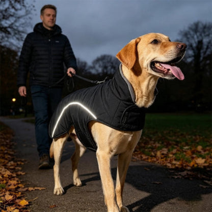 Manteau Chien noir maître balade la nuit en automne 