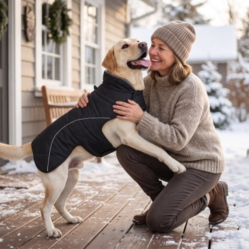 Manteau Chien noir maître lui sourit devant une maison