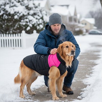 Manteau Chien rose au froid avec son maitre