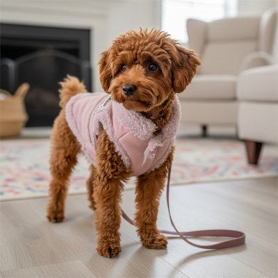 Manteau Chien rose au milieu d un salon