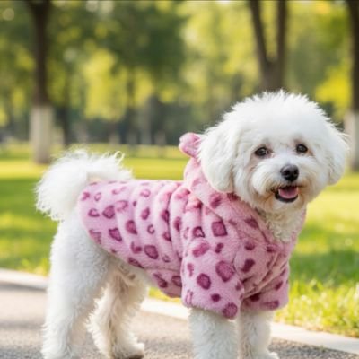 Manteau Chien rose tres fier devant un parc