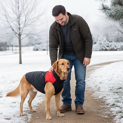 Manteau Chien rouge marche au chaud avec son maitre