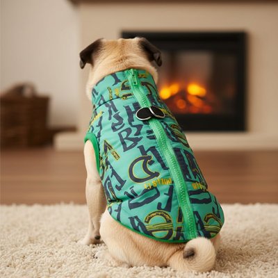 Manteau Chien vert assis au salon devant foyer