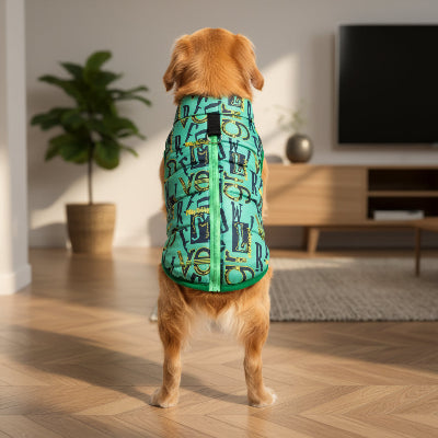 manteau chien vert dans une salon face la Tele 