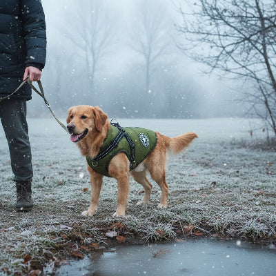 manteau chien vert promene avec son maitre au froid
