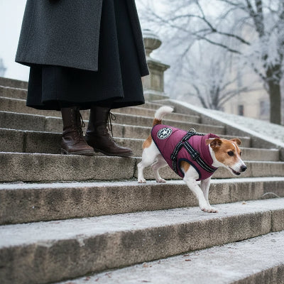 manteau chien violet descend escalier avec son maitre