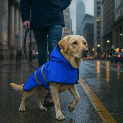 Manteau imperméable  pour chien bleu avec maitre marche