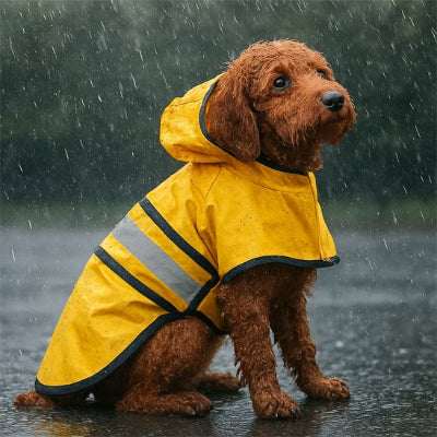 Manteau imperméable pour chien jaune assis sous la pluie