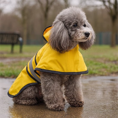 Manteau imperméable pour chien jaune petit assis