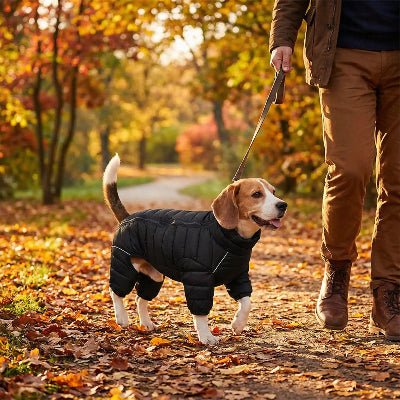 manteau pas cher pour chien chaud et irresistible noir marche avec son maitre en automne