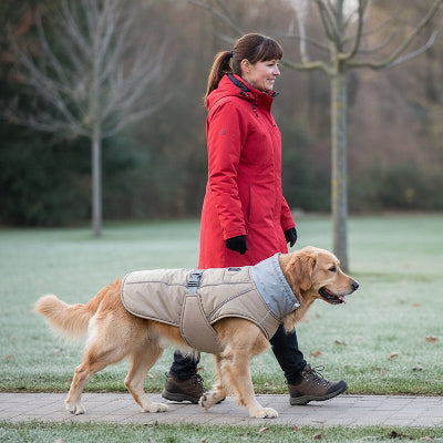 manteau pour chien beige marche avec son maitre