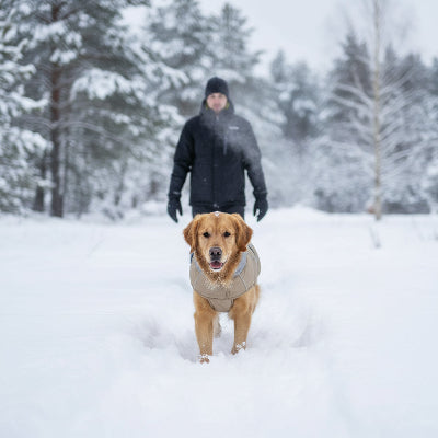 manteau pour chien beige marche dans la neige maitre suit