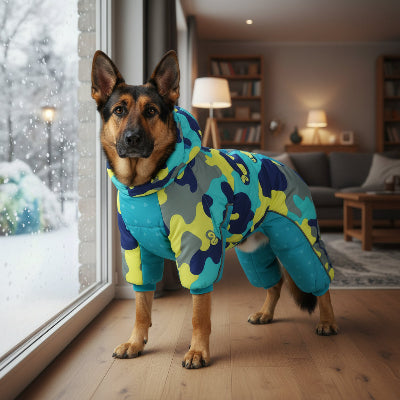 manteau pour chien bleu au salon regarde neige