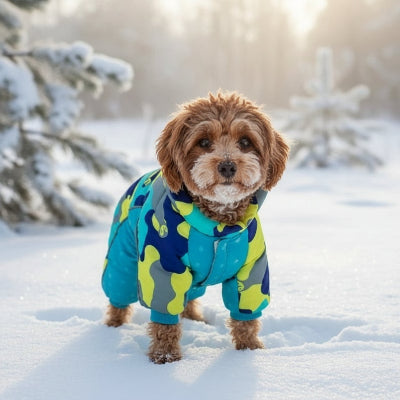 manteau pour chien bleu clair dans la neige