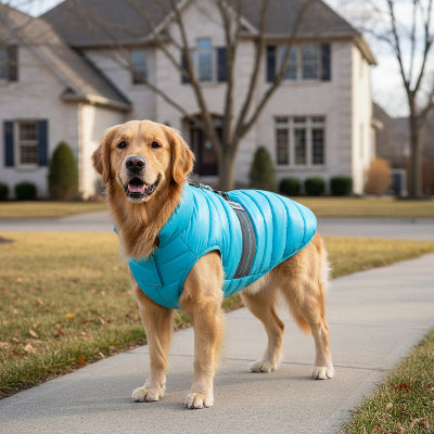 manteau pour chien bleu devant la maison