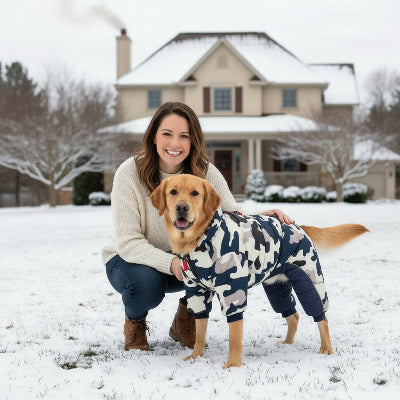 manteau pour chien bleu fonce devant maison maitre