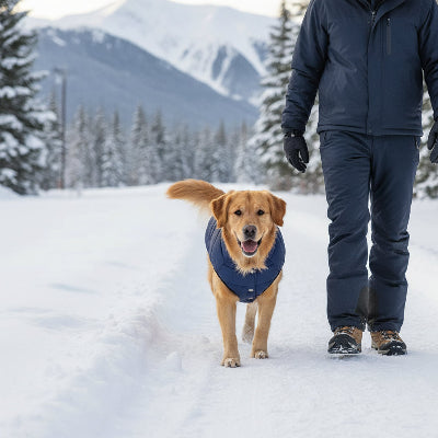 manteau pour chien bleu marche dans neige avec son maitre