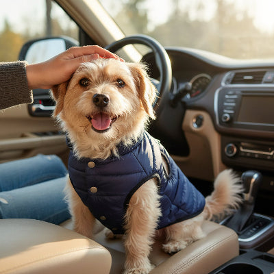 manteau pour chien bleu voiture avec son maitre