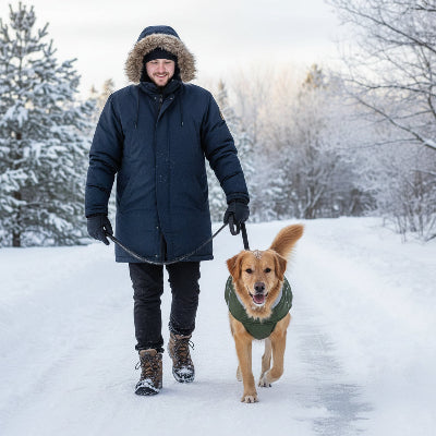 manteau pour chien marche dans le froid avec maitre