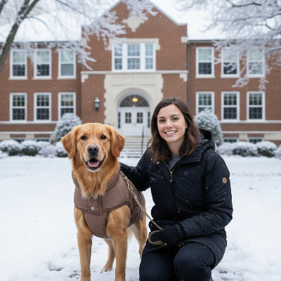 manteau pour chien marron avec son maitre devant une ecole