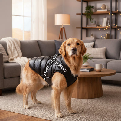 manteau pour chien noir dans un salon sur pattes