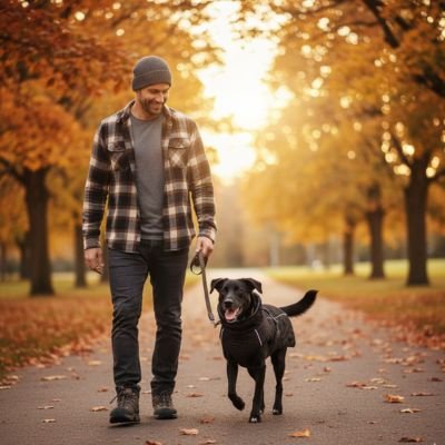 Manteau pour Chien noir marche avec son maitre soleil automne