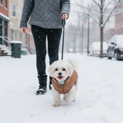 manteau pour chien prend une marche hiver avec son maitre