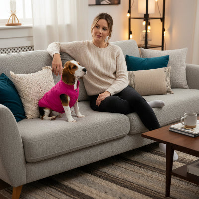 Manteau pour chien rose rouge assis maitre sofa 