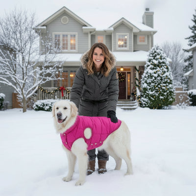 manteau pour chien rose rouge hiver devant maison avec maitre