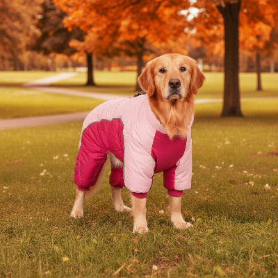 manteau pour chien rose sur un parc en automne