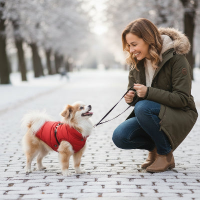 manteau pour chien rouge avec son maitre sur une rue