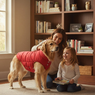 manteau pour chien rouge bibliotheque maitre enfant a cote