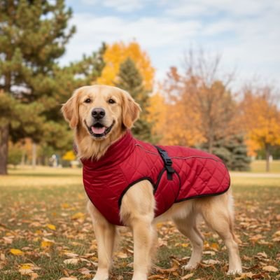 Manteau pour Chien rouge dehors les feuilles automne