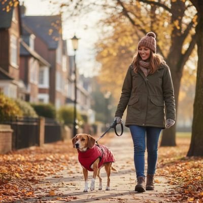 Manteau pour Chien rouge marche avec maitre feuille automne maison