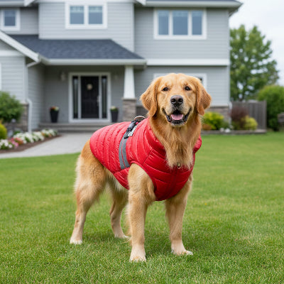 manteau pour chien rouge sur pelouse devant la maison