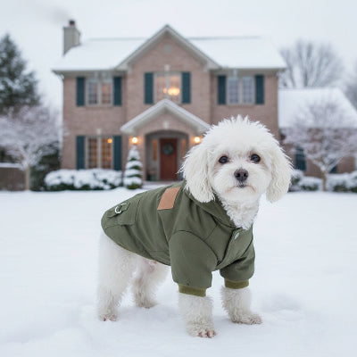 manteau pour chien vert devant la maison au froid