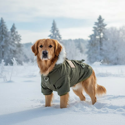 manteau pour chien vert marche dans la neige