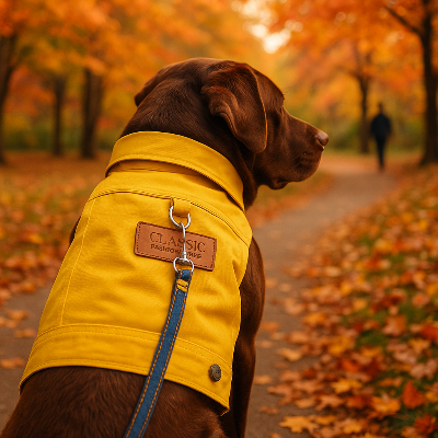 manteau pour petit chien jaune parc automne